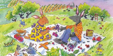 Two bunnies picnic and share their meal with ants and mice. 
