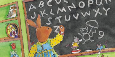 A bunny in school, writing the alphabet on a chalkboard. 