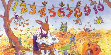 A bunny washing clothes. Numbers hang from a clothes line. It's fall. Animals playing in leaves. 