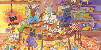 A family of bunnies sit around a table and play card games. Mice are playing games on the floor. 