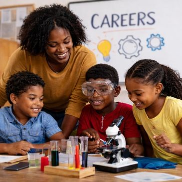 Teacher and three children exploring science with a microscope.