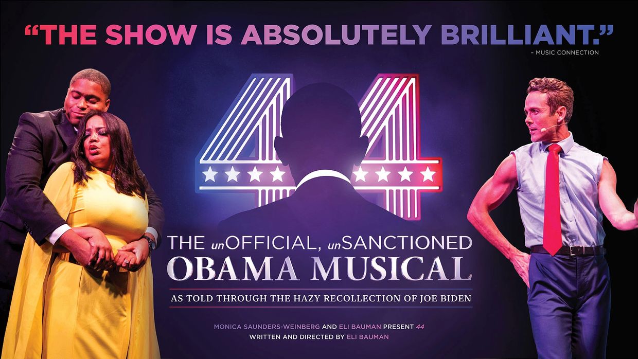 44 logo art with images of the cast and the press quote, "The show is absolutely brilliant." - Music