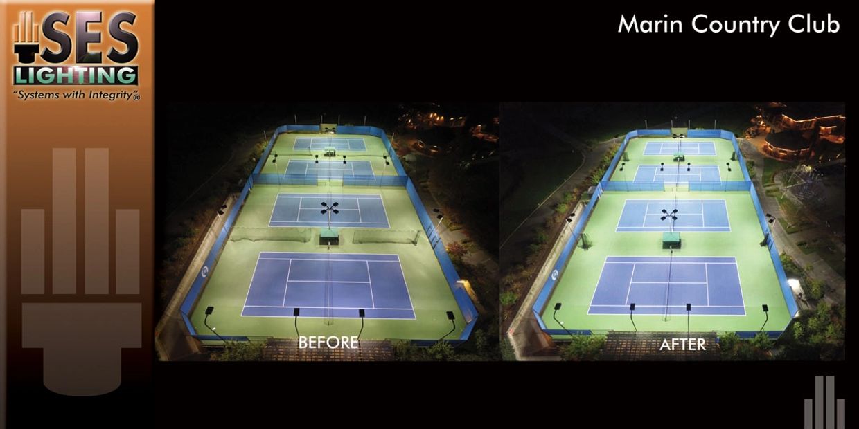 tennis LED at Marin Country Club. Tennis lighting under LED sports lighting.
