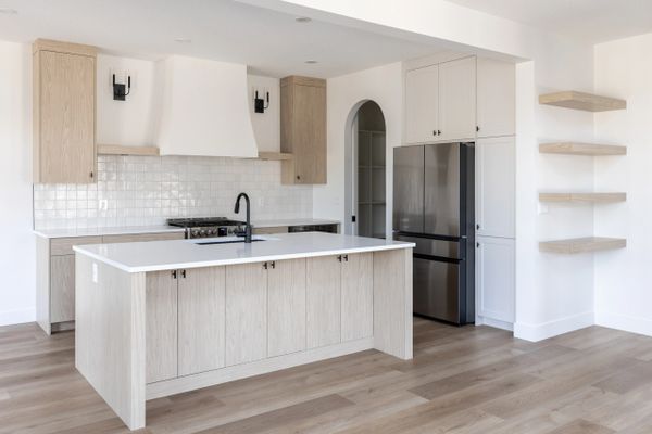 kitchen with floating shelves