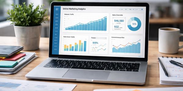 Laptop displaying online marketing analytics dashboard with charts and graphs.