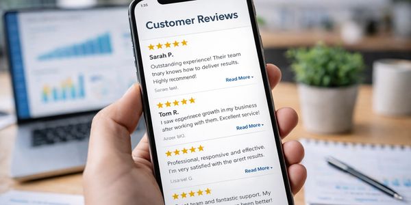 Hand holding smartphone displaying positive customer reviews with star ratings.