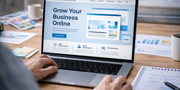 Person working on a laptop with a website creation page open.