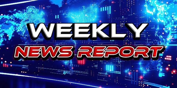 Graphic displaying 'Weekly News Report' with a digital blue background.