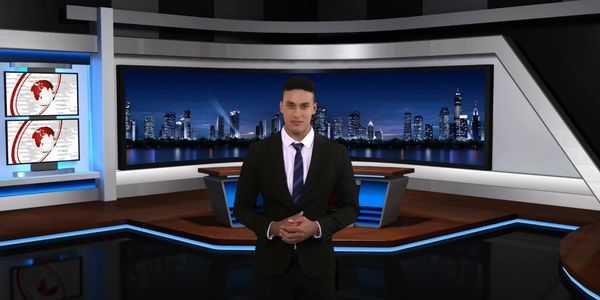 News anchor presenting in a modern studio with cityscape backdrop.
