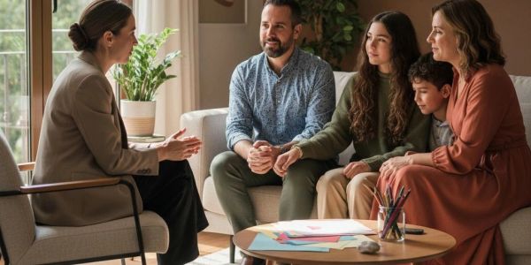 Family counseling session with a therapist in a cozy room.