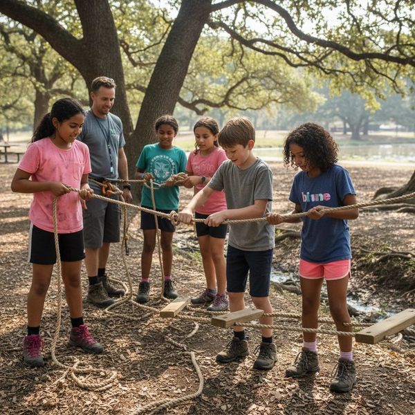 Children and an adult navigate a rope obstacle course outdoors under trees.
