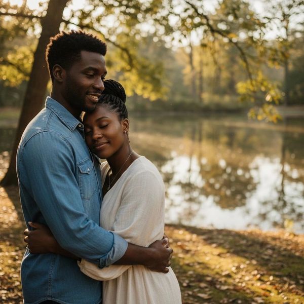 Couple embracing warmly by a lakeside in golden sunlight.
