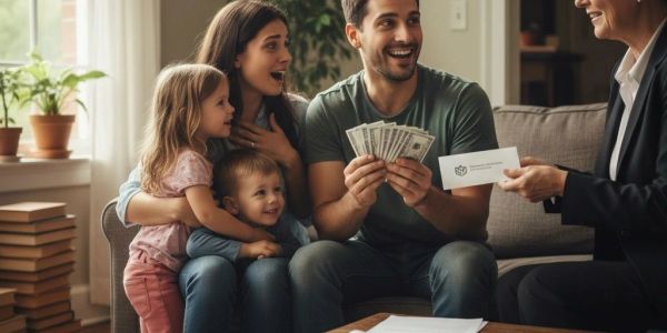 Happy family receiving financial aid and cash from a representative.
