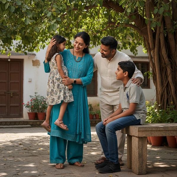 A joyful family moment outdoors with mother, father, daughter, and son under a tree.