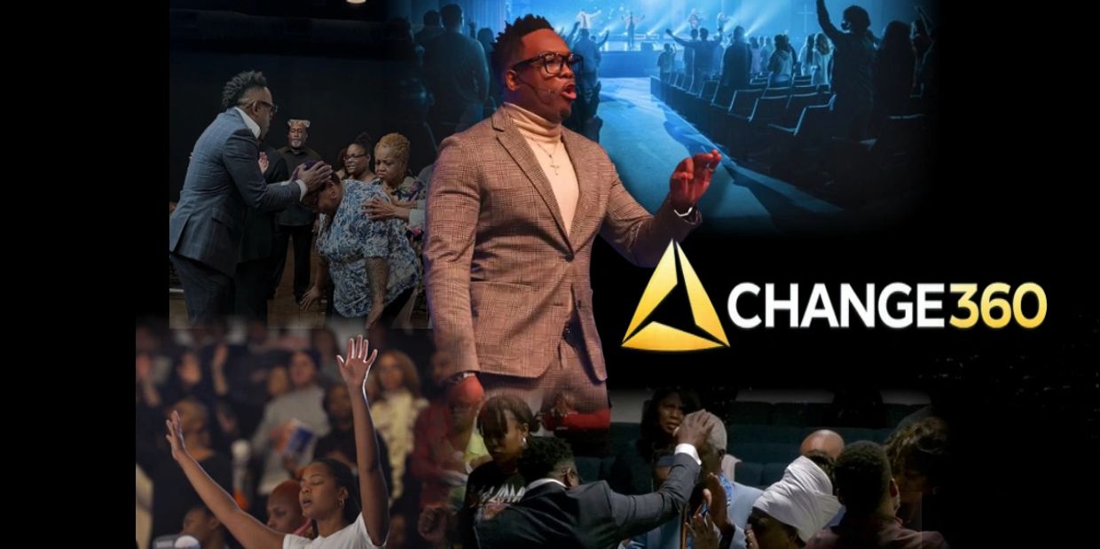 A speaker leads a spiritual gathering under the Change360 banner.
