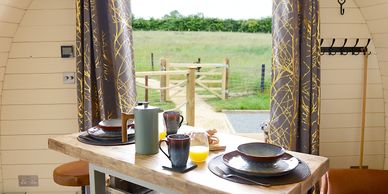 Early morning breakfast in the dog friendly 
glamping pods at Rutland Rural Retreats