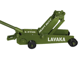 Green heavy-duty hydraulic car jack.