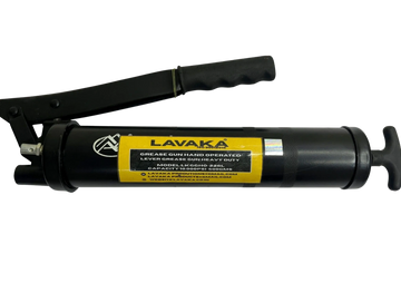 Black manual grease gun with yellow label.