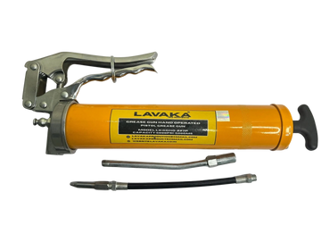 Orange grease gun with metal handle and two hoses.