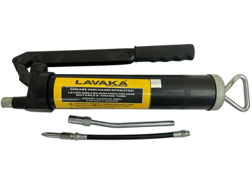 LAVAKA hand-operated grease gun with accessories.