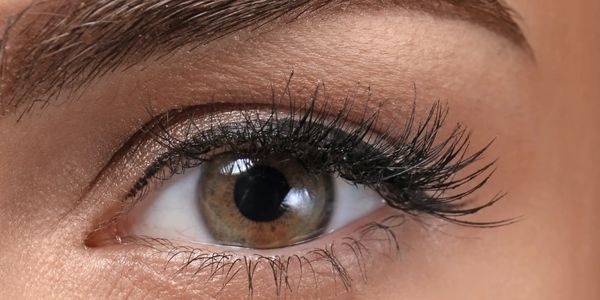 Close-up of a brown eye with long eyelashes and well-groomed eyebrow.