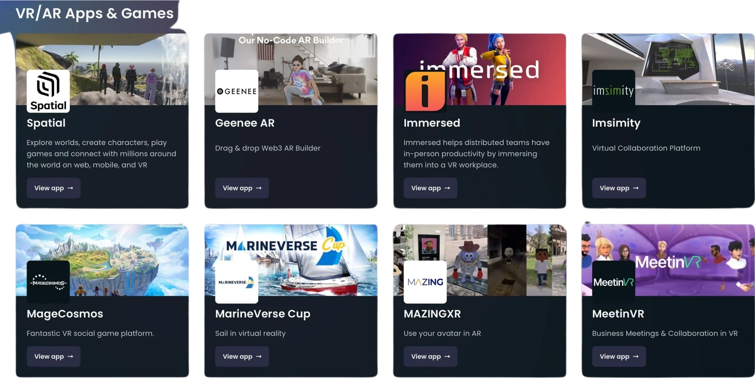 spatial, geenee ar,immersed,imsimity,magecosmos,marine cup, mazingxr, meetinvr,