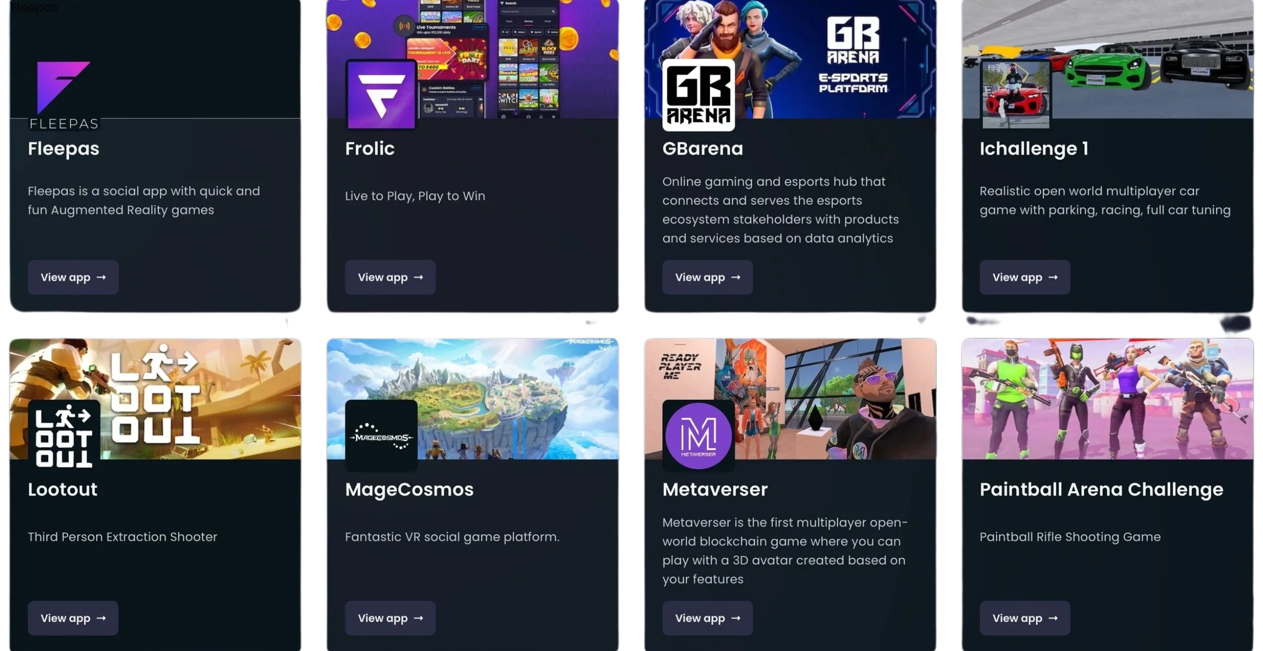 fleepas,frolic,gbarena,ichalleng1,lootout,magecosmos,metaverser,paintball arena