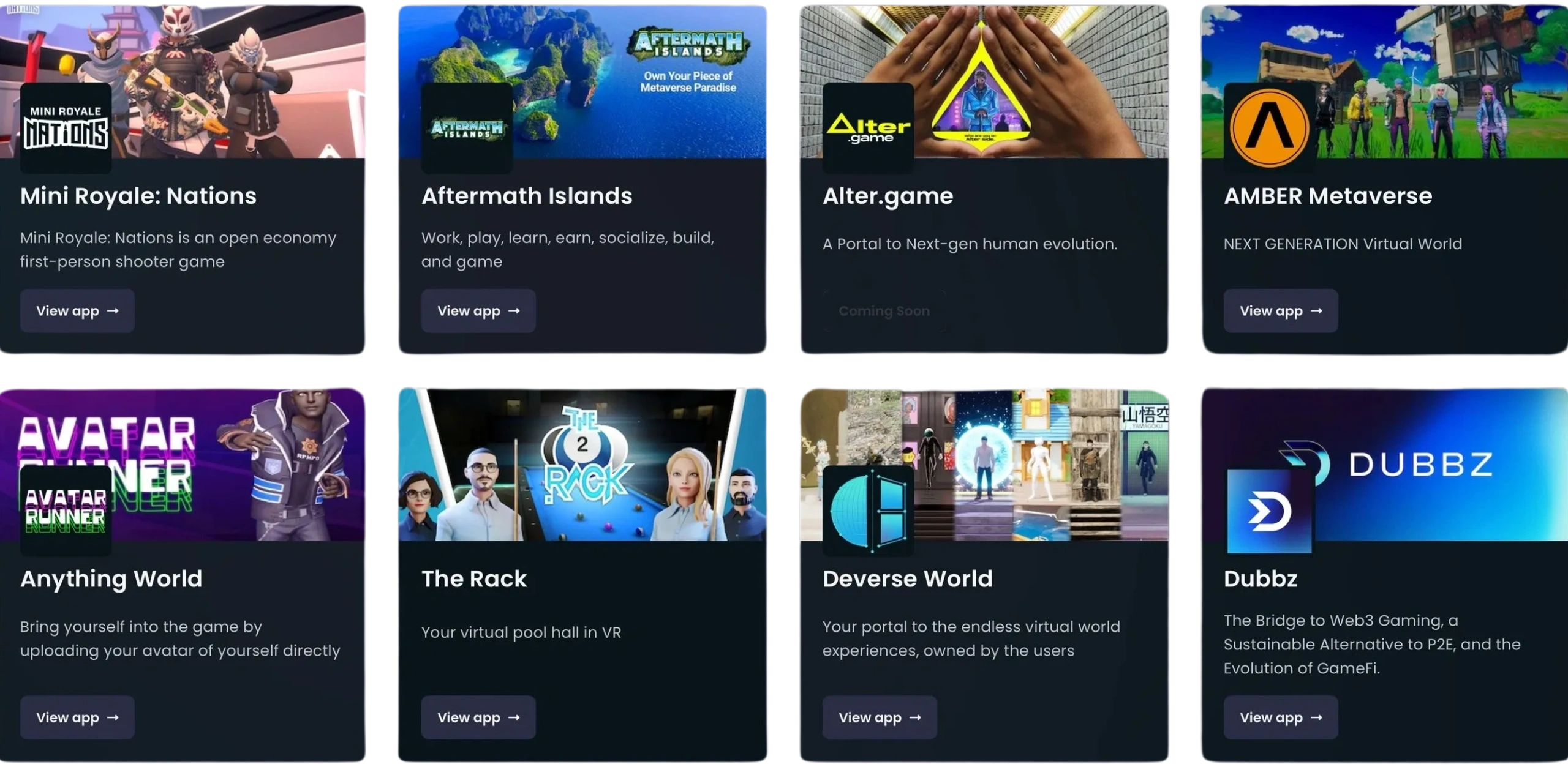 anythingworldd,therack,deverse world,dubbz,amber metaverse,alter.game,aftermath island, mini royale