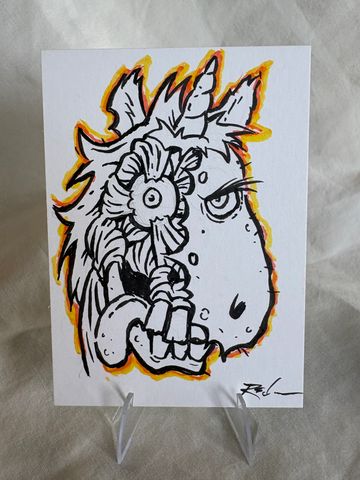 Abstract unicorn head illustration with mechanical details.