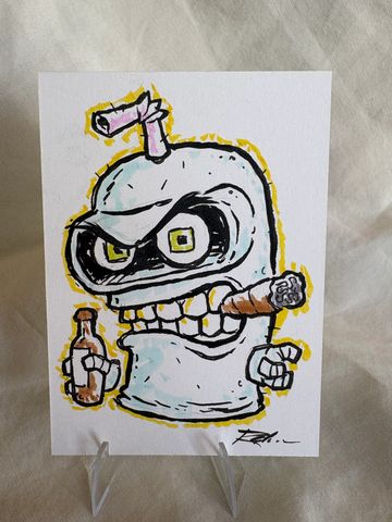 Cartoon robot head with cigar and bottle.