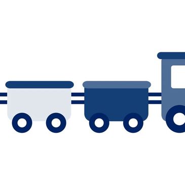 Simple blue and white toy train silhouette with three connected cars.
