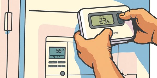Hands adjusting a digital thermostat on a wall.
