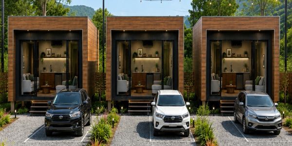 Tres cabañas modernas con coches estacionados delante.