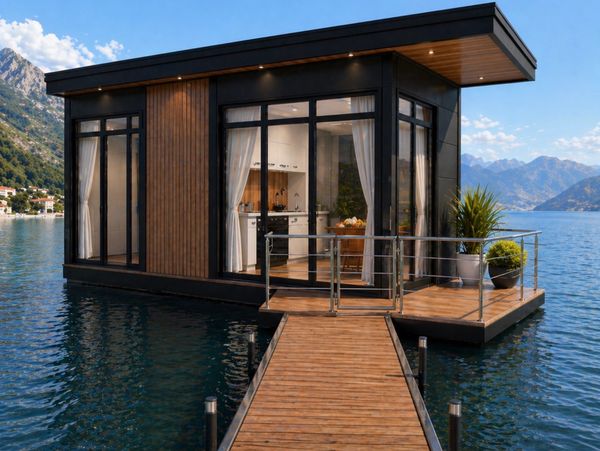 Casa moderna flotante en un lago con montaña de fondo.
