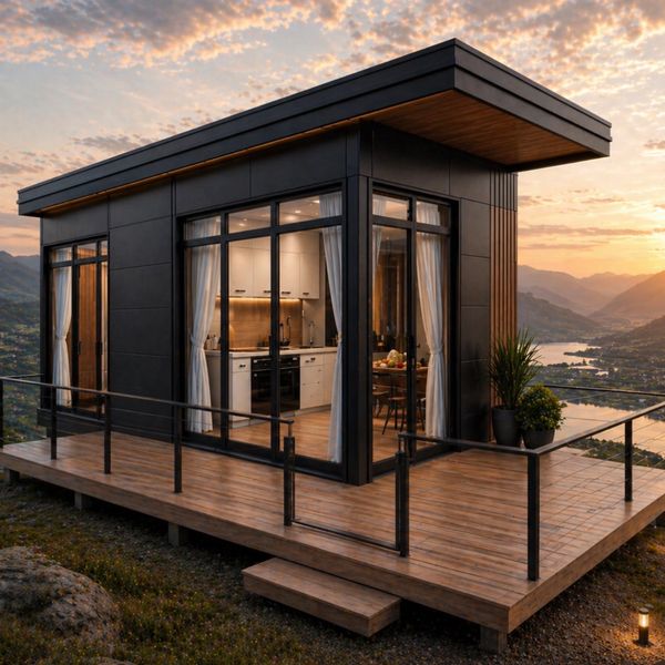 Casa moderna pequeña con vistas panorámicas al atardecer.
