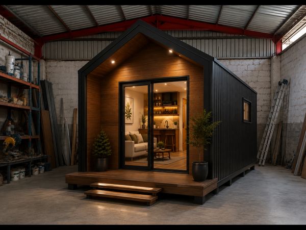 Casa pequeña y moderna iluminada en un taller.