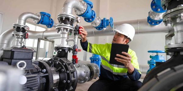 Engineer inspecting industrial pipes and valves with a tablet in hand.