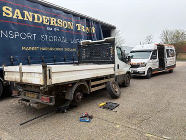 Flatbed truck getting a brand new tyre fitted on site in St Neots