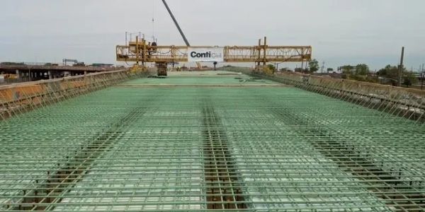 Steel reinforcement grid for concrete slab construction.