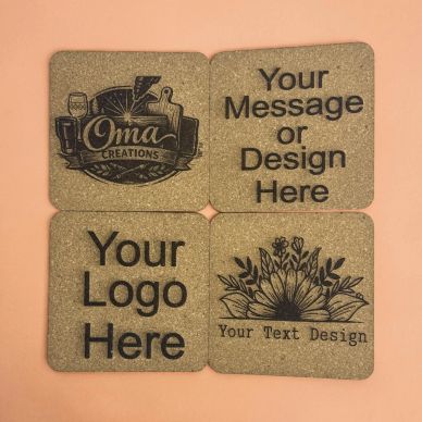 Four custom cork coasters with logos and text designs.