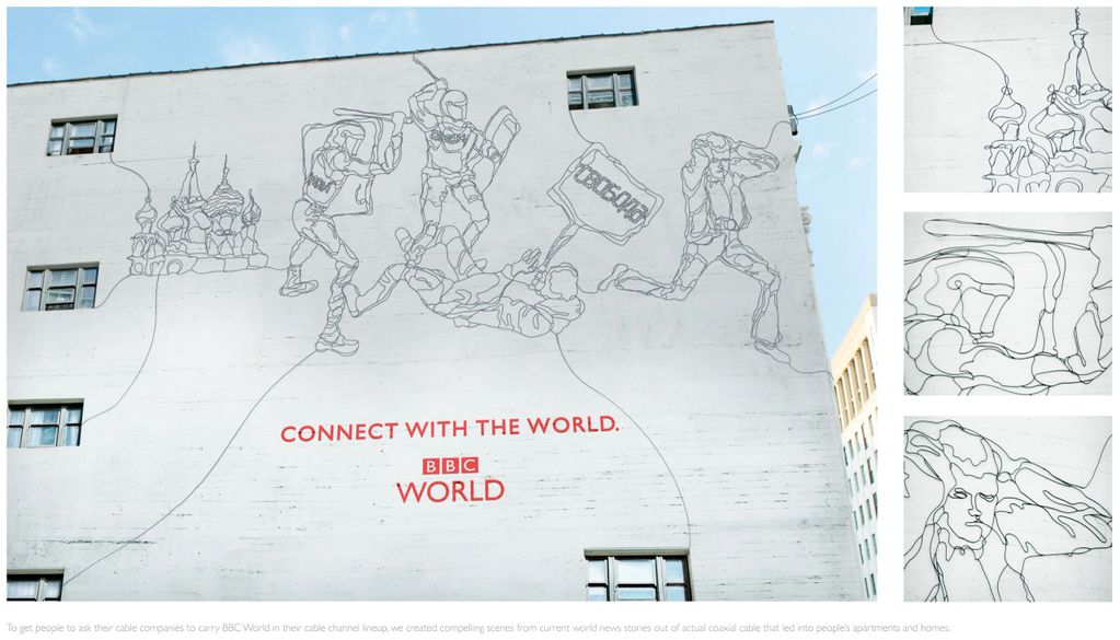 BBC Cables Campaign, "Protest" wire sculpture wall art .Moscow cops protester photographer