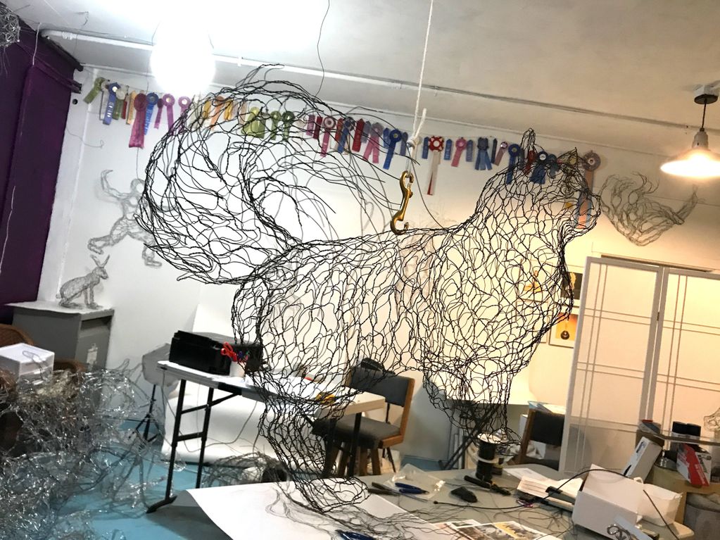 "Maine Coon Cat", i3D wire sculpture work in progress, set in the studio environment of controlled c