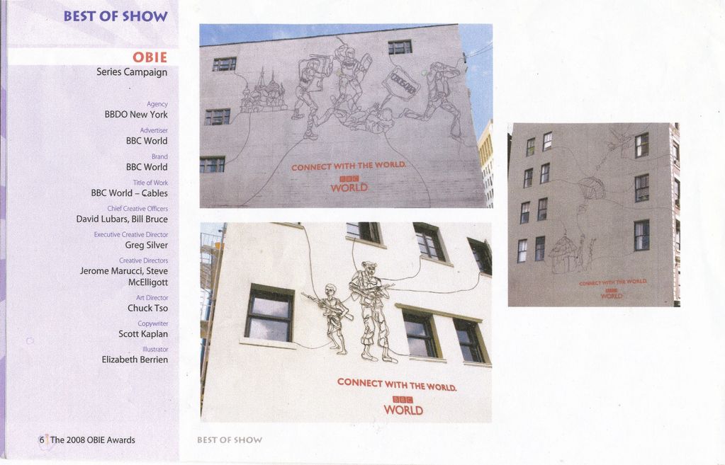 Obie Best of Show page. Wire sculpture wall art with cables extending into apartments