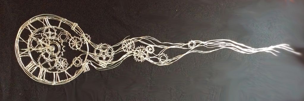 "Tempus Fugit" (Time Flies) 24" x 96" wire sculpture wall art clock by Elizabeth Berrien