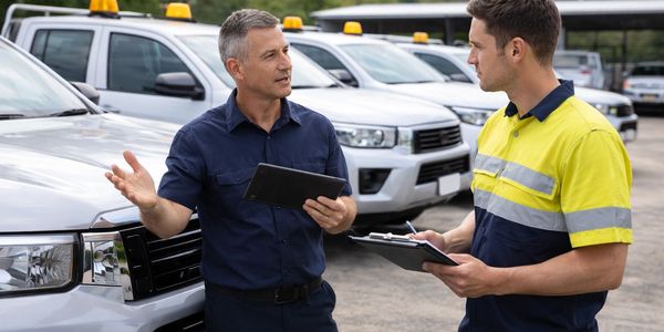 Two workers discussing in front of a fleet of white vehicles.