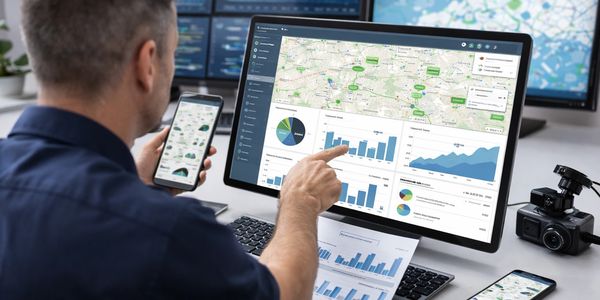Man analyzing data visualizations on computer and smartphone screens.