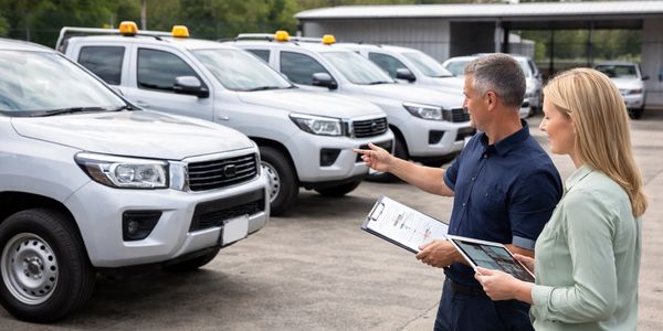 Two people inspecting a fleet of white pickup trucks in a parking lot.