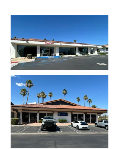 Exterior view of a single-story strip mall with clear skies.