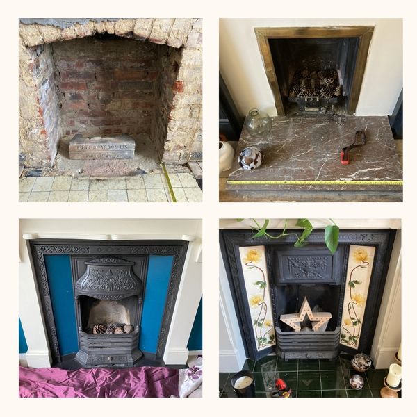 A 4 photo montage of fireplaces before they have new stoves installed