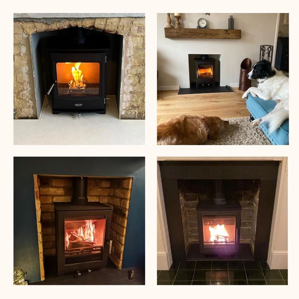 A 4 photo montage of fireplaces after they have new stoves installed